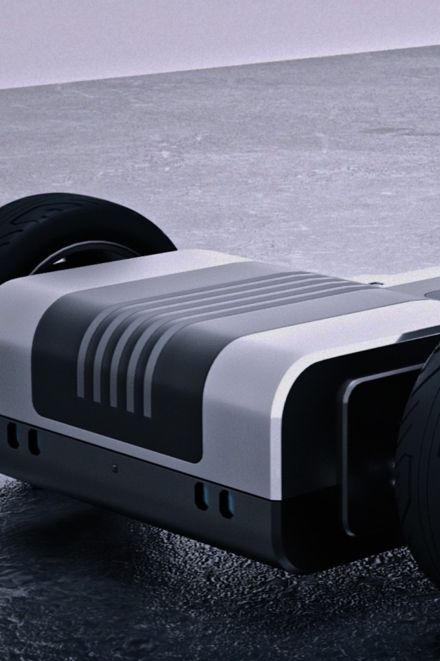 Kia PV5 Elektroplattform mit Fahrgestell und Rädern.